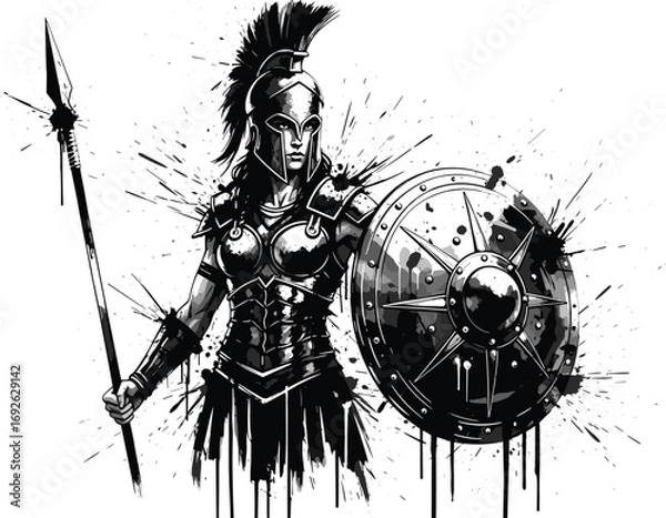 Obraz Warrior Woman with Spear and Shield in Black and White