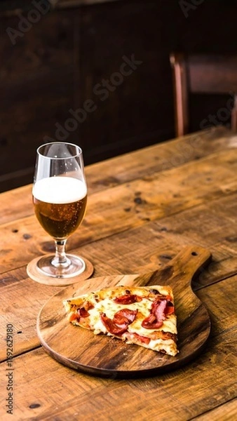 Obraz Pizza slice and beer on rustic table