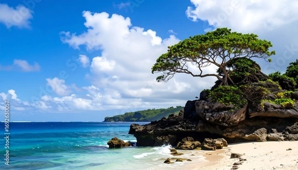 Fototapeta Tropical beach scene with a lone tree