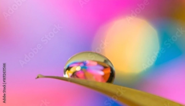 Fototapeta A dewdrop perched on a blade of grass, reflecting a vibrant bokeh