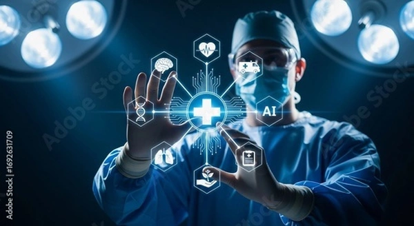 Fototapeta Surgeon interacting with digital medical interface, in an operating room, for healthcare technology websites