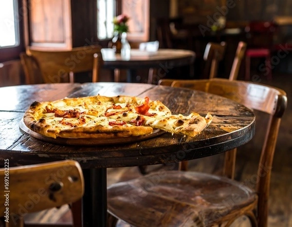 Obraz Pizza slice on rustic wooden table