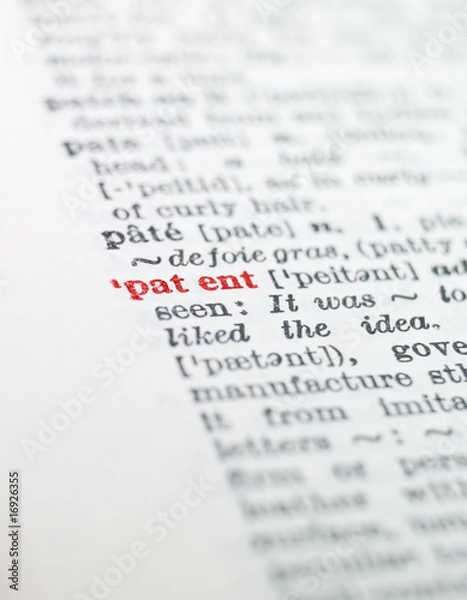 Fototapeta The word 'patent' highlighted in a dictionary
