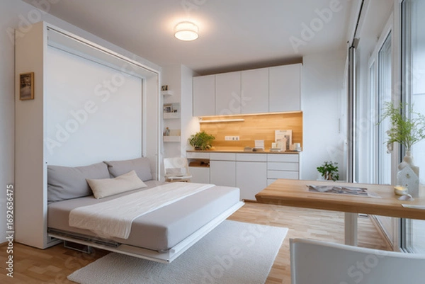 Fototapeta Minimalist Micro Apartment with Scandinavian Design and Multifunctional Furniture in Bright Natural Light