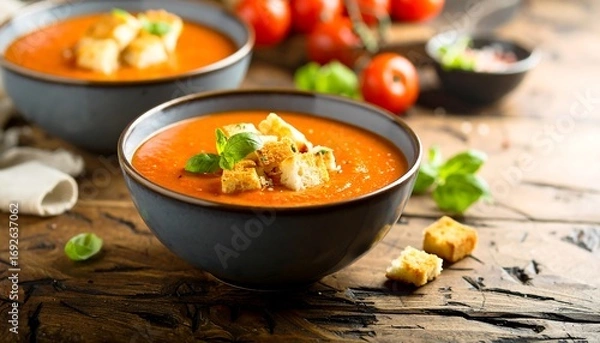 Fototapeta Two bowls of vibrant tomato soup with croutons and basil