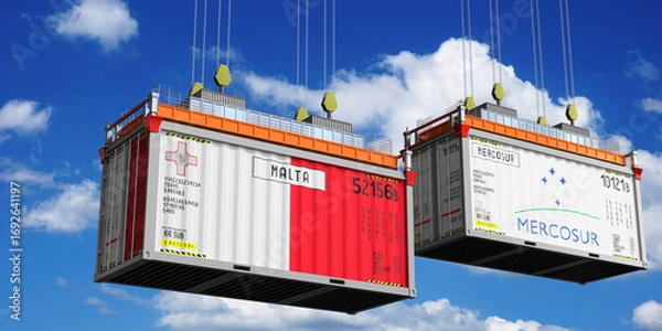 Fototapeta Shipping containers with flags of Malta and Mercosur