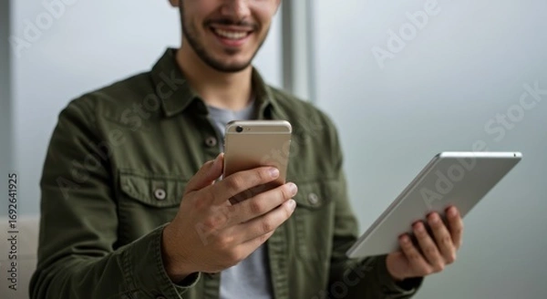 Fototapeta Smiling man holds a phone and a tablet indoors in a casual setting.
