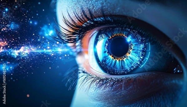 Fototapeta Close-up of an eye, glowing with digital energy