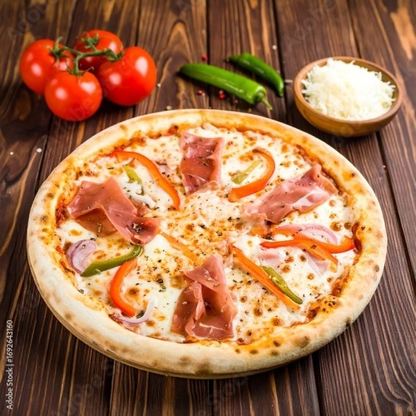 Obraz Pizza with prosciutto, peppers, and onions