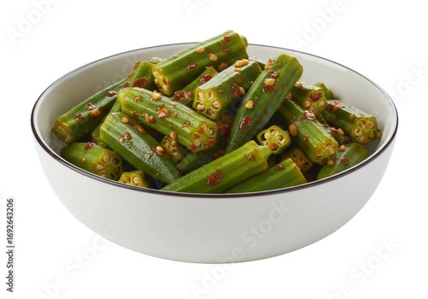 Obraz 新鮮な調理済みオクラのボウル 白い背景に鮮やかな緑色の野菜とスパイスのクローズアップ