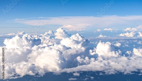 Fototapeta High-altitude view of fluffy white clouds against a vibrant blue sky