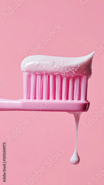 Fototapeta A vibrant pink toothbrush holds a perfect dollop of white toothpaste, positioned against a clean, glossy surface, indicating it's time for a refreshing morning dental care routine