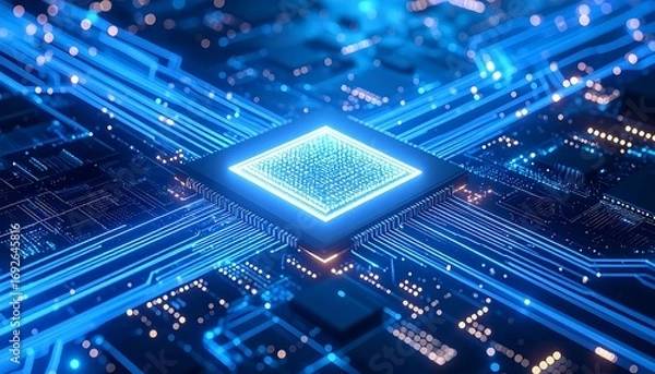 Fototapeta High-tech computer chip on circuit board.  Glowing blue lines