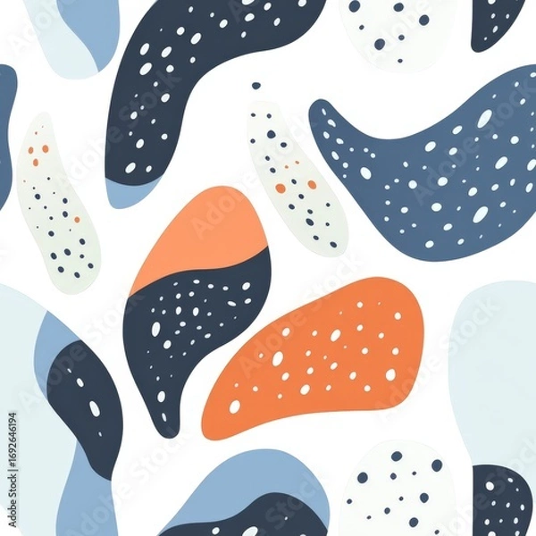 Fototapeta A colorful abstract painting with blue, orange and white swirls and dots