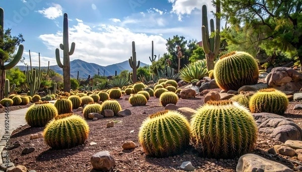 Fototapeta Cactus garden with mountains in the background