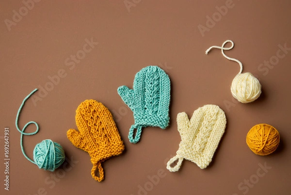 Obraz Mini Mittens Handknitted. Christmas Tree Decorations. Flat lay.