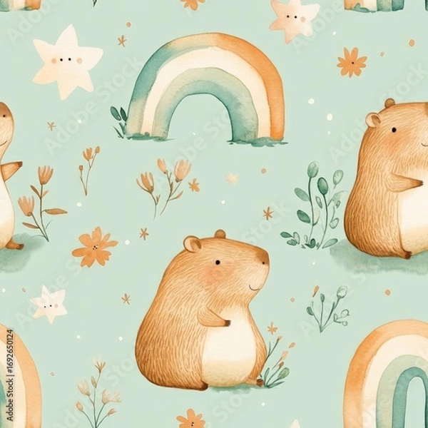 Fototapeta A pattern of cute animals, including a hamster and a bear