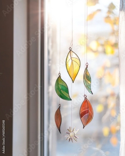 Fototapeta A window with a hanging leaf decoration