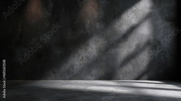 Fototapeta Dark Moody Concrete Studio Wall. High-resolution dark moody studio wall background with concrete texture and soft shadows. Perfect for cinematic product shots, portraits, or dramatic visual design.
