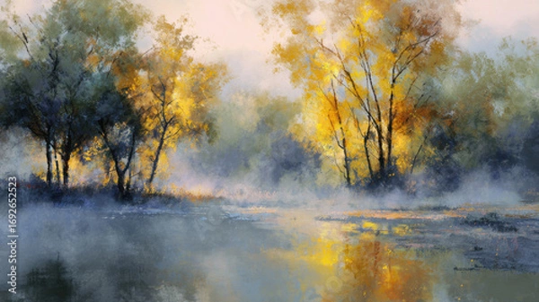 Fototapeta Painting of a beautiful hazy autumn landscape. Mist lingering above lake. Trees in fall colors and reflecting from calm water surface.