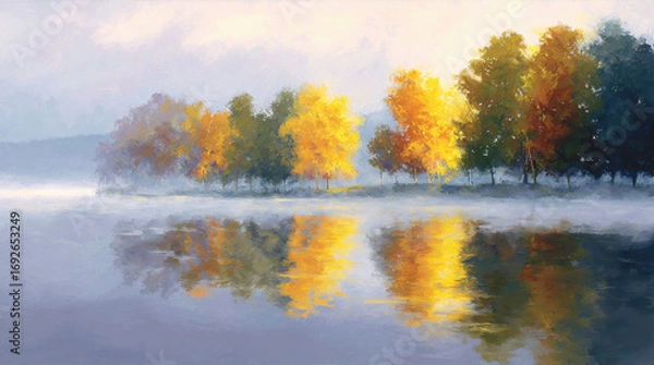 Fototapeta Painting of a beautiful hazy autumn landscape. Mist lingering above lake. Trees in fall colors and reflecting from calm water surface.