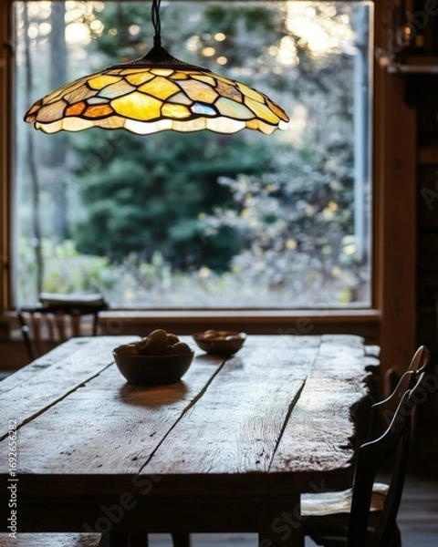 Fototapeta A table with a bowl of food and a lamp hanging over it