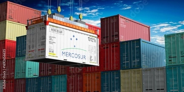 Fototapeta Freight shipping container with flag of Mercosur on crane hook - 3D illustration