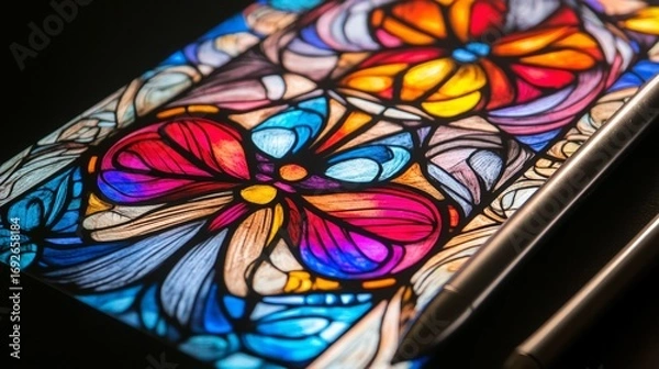Fototapeta A colorful drawing of a flower with a silver pen on top of it