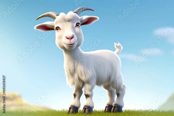 Fototapeta Cheerful cartoon goat standing on green grass under a bright blue sky with fluffy clouds