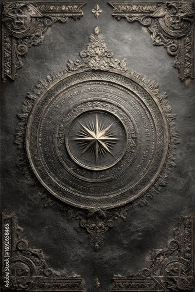 Fototapeta Dark background, ancient texture, subtle arcane markings and symbols on edges.