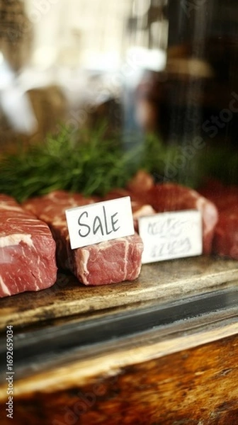 Fototapeta A display of meat with a sign that says "Sale"