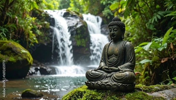 Fototapeta Buddha statue by a waterfall in a lush jungle