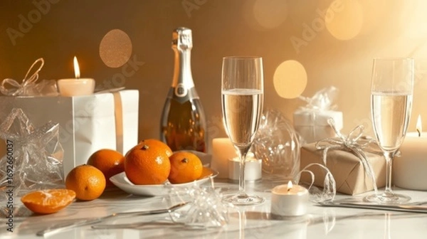 Fototapeta A table is set with a bottle of champagne, two glasses, and a plate of oranges