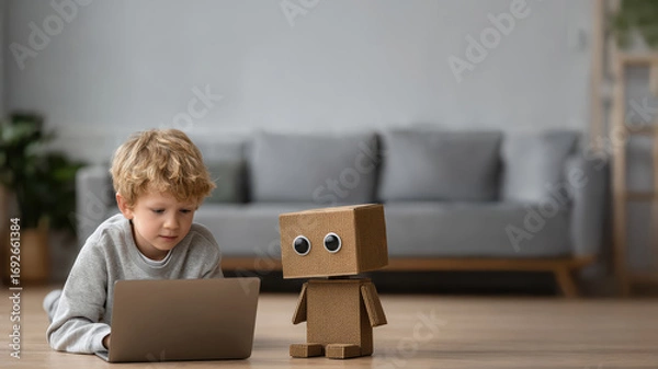 Fototapeta Stem education event preschool child programming a robot at home creative learning environment engaging experience