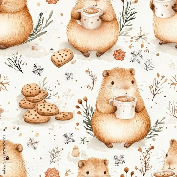 Fototapeta A pattern of cute animals holding cups of coffee and cookies