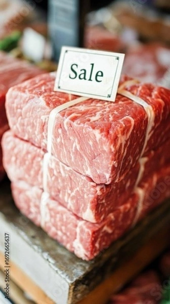 Fototapeta Three stacks of meat with a sign that says "Sale" on it