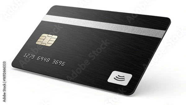 Obraz Modern Black Credit Card with Metal Texture Contactless Payment and EMV Chip Technology