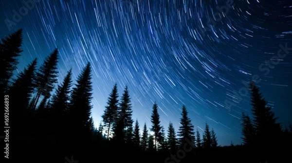 Fototapeta Astrology nature landscape - black silhouette of forest fir trees at night, shooting star startrails, light circles on the sky