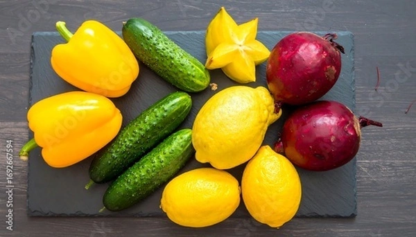 Fototapeta Colorful assortment of fresh produce on a slate board
