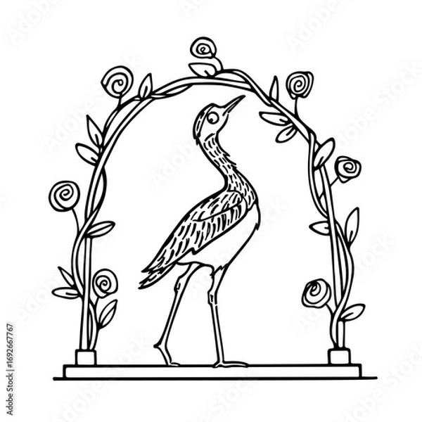 Fototapeta Vector card with hand drawn cute Thick-knee in graceful floral arch. Beautiful animal design elements, ink drawing, logo template
