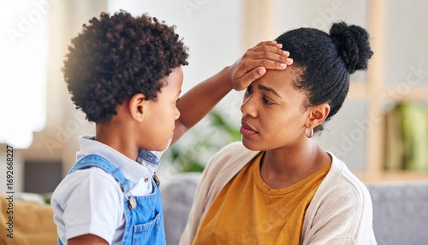 Obraz 母親のおでこに手を当てて熱を測る子供