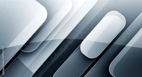 Fototapeta Abstract geometric composition with overlapping rounded rectangles and sharp lines in shades of grey and white
