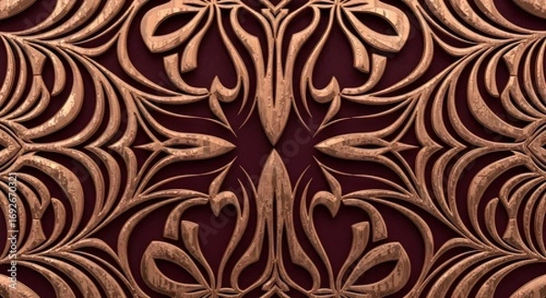 Fototapeta Detailed ornate metallic pattern with floral motifs on a deep red  elegant embossed texture