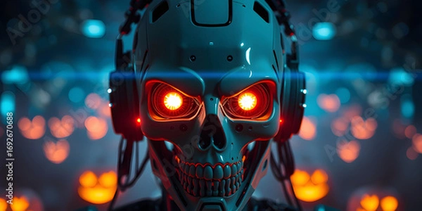 Fototapeta AI with scary face on halloween. Head skull of robot with lighting eyes. Bad Artificial Intelligence in image cyborg look at eyes. Tech halloween party banner. Evil computer