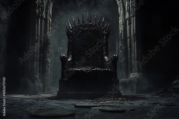 Fototapeta Iron Throne in Dark Stone Hallway with Columns, Fantasy King's Seat of Power