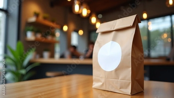 Fototapeta A brown paper bag with a white circle label on a wooden table in a cafe.