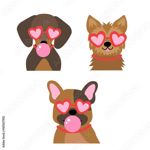 Fototapeta set of isolated cute dogs wearing heart glasses blowing bubblegum
