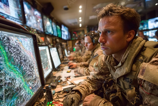 Fototapeta Military personnel analyze digital terrain maps and actical screens in an actie command center