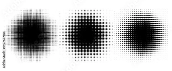 Fototapeta Three halftone patterns show gradual shifts from dense black dots to sparse arrays on a white background, forming radial gradients and abstract circular textures