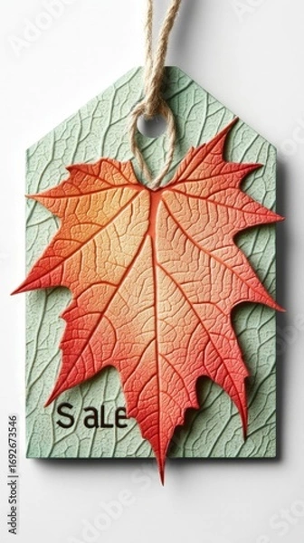 Fototapeta A tag with a leaf on it that says Sale
